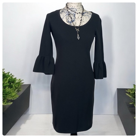 Ann Taylor Fitted  Bell Sleeve Black Merino Wool Sweater Dress Medium - Picture 1 of 9